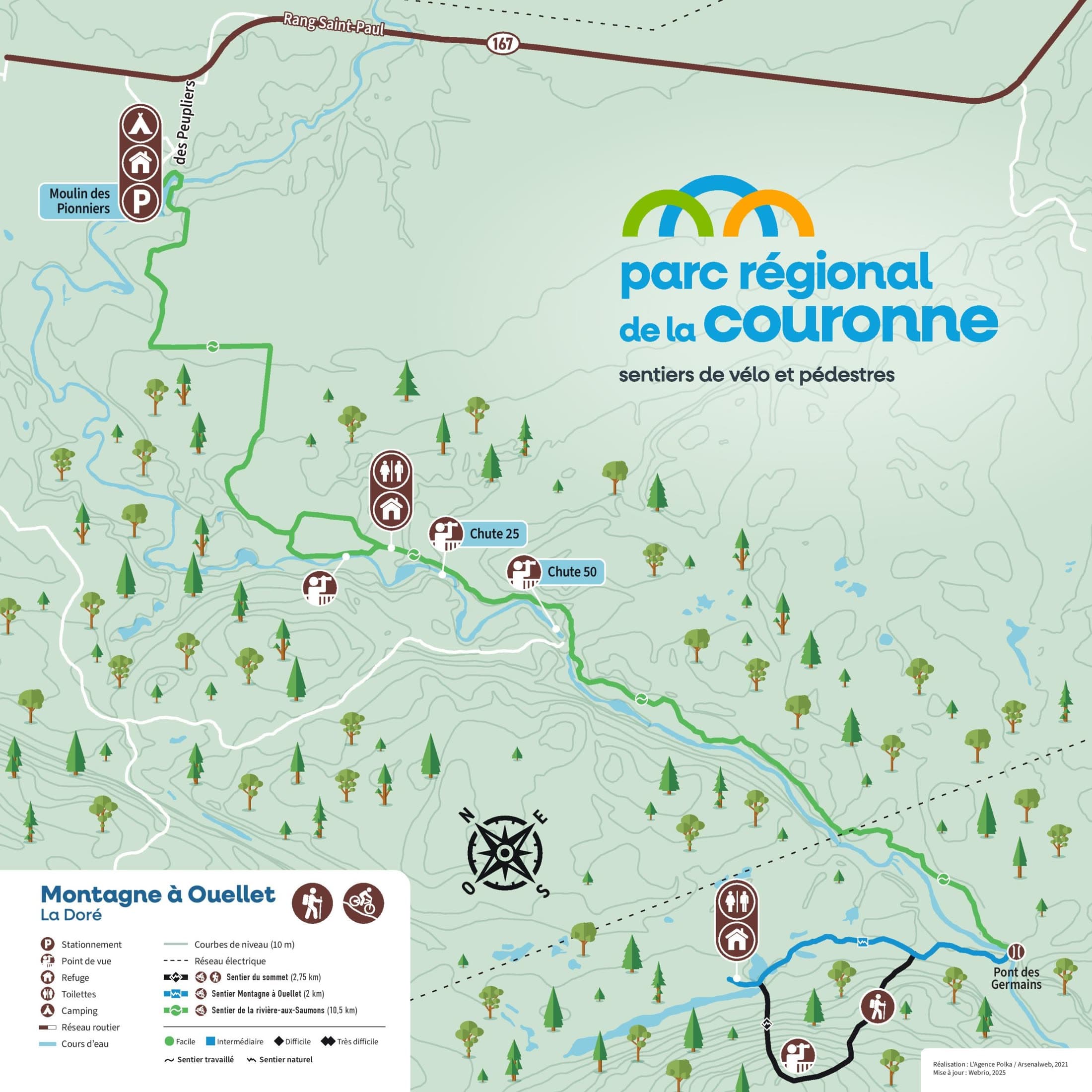 Carte du Parc régional de la Couronne — Montagne à Ouellet, La Doré : sentiers de vélo et pédestres, refuges, chutes 25 et 50, bornes kilométriques.