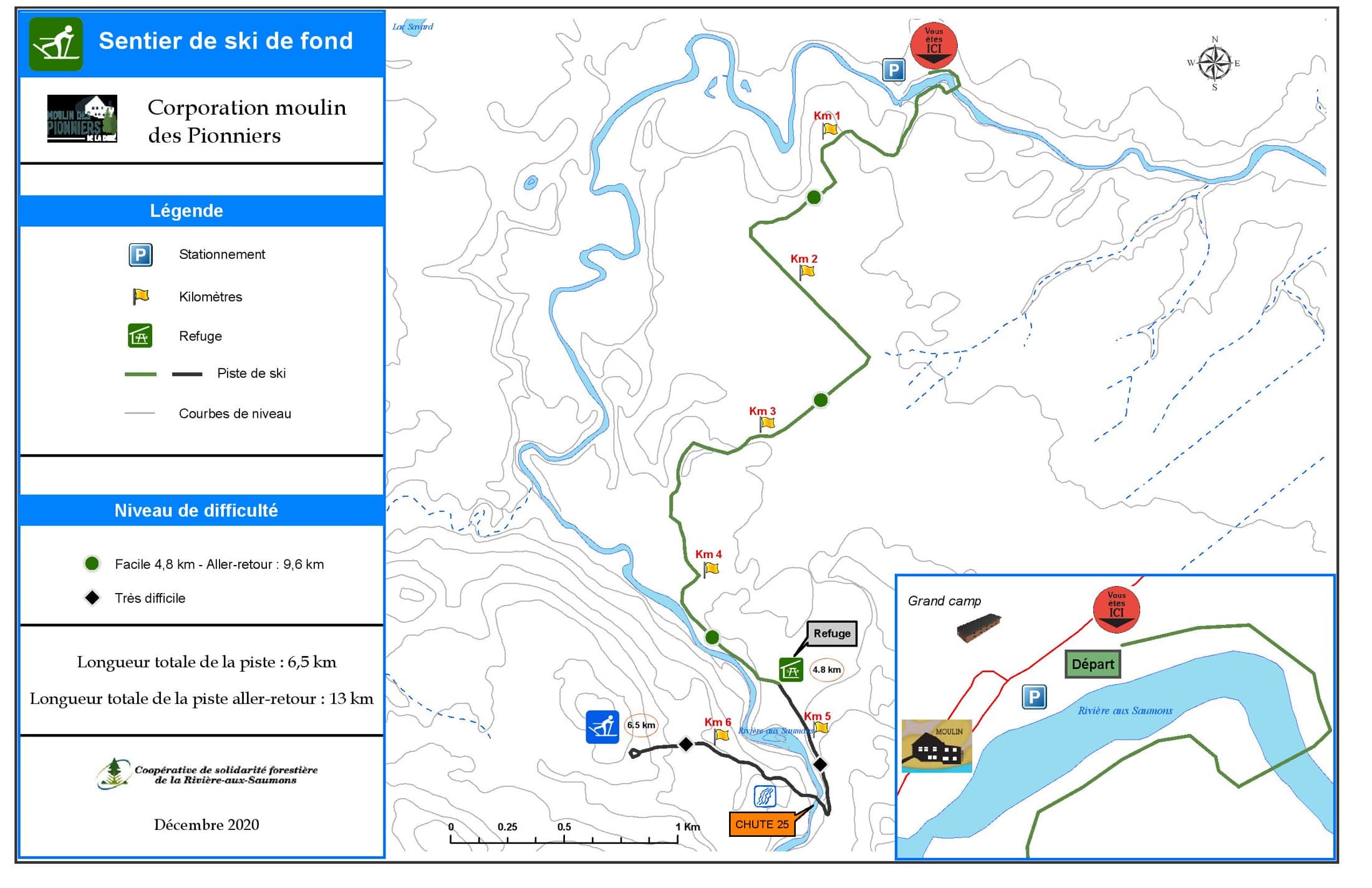Carte du sentier de ski de fond de la Corporation du Moulin des Pionniers : tracé, refuge, bornes kilométriques et niveaux de difficulté.